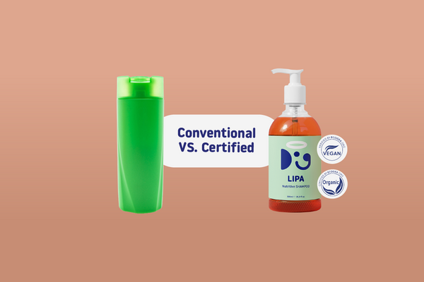Side-by-side image comparing a generic shampoo bottle with Doglyness ECOGEA-certified organic shampoo.
