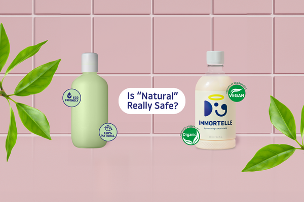 Comparison of a generic ‘natural’ dog grooming product versus Doglyness ECOGEA-certified organic Immortelle conditioner, highlighting the question ‘Is Natural Really Safe?
