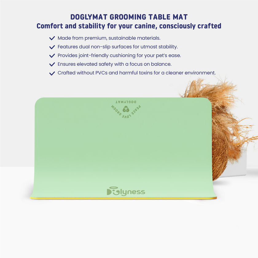 Doglymat™ by Doglyness | Eco-friendly dog grooming table mat made with a natural coconut fiber surface and rubber bottom, offering dual non-slip protection, comfort for dog's joints, safety, and a sustainable choice for pet owners and groomers.
