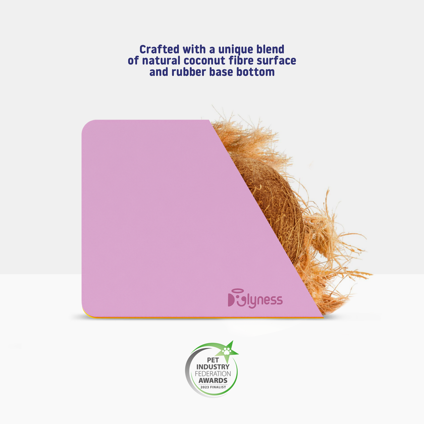Doglymat™ by Doglyness | Eco-friendly dog grooming table mat made with a natural coconut fiber surface and rubber bottom, offering dual non-slip protection, comfort for dog's joints, safety, and a sustainable choice for pet owners and groomers.